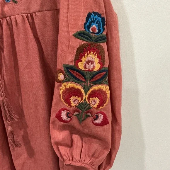 Umgee Embroidered Tunic Top Womens Sz M Rust Floral Boho Flowy Tassel Peasant - Picture 3 of 6